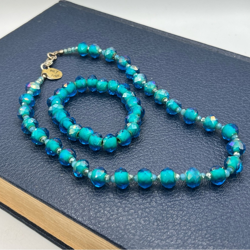 $150 Swarovski aqua blue crystal bead necklace & bracelet set artisan stunning - Picture 11 of 12